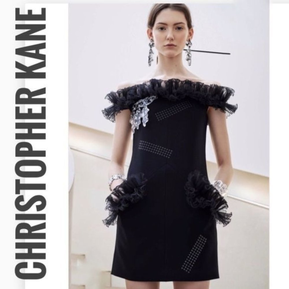 CHRISTOPHER KANE Off-Shoulder Ruffle BLACK Mini Dress
